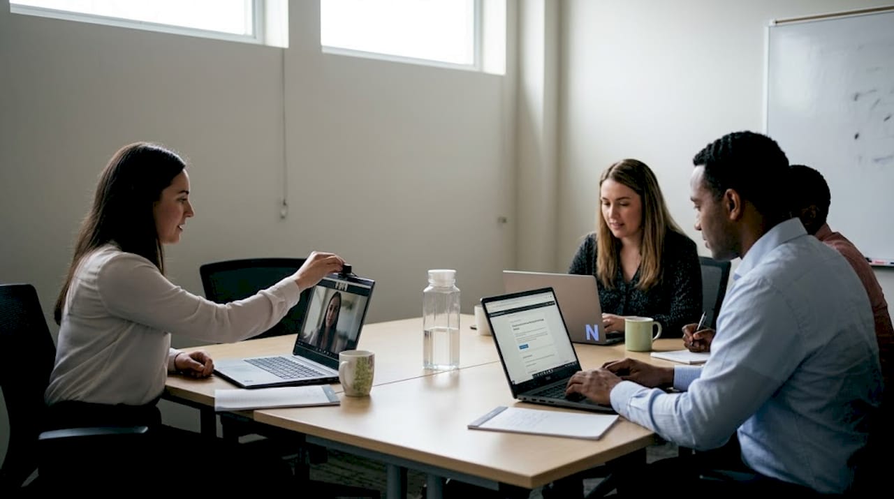 Ein Team arbeitet gemeinsam an Laptops in einer Blended-Learning-Session.
