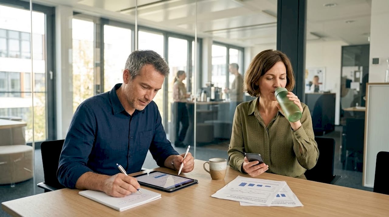 Beschäftigte tauschen sich im Meeting aus – mit Tablets zur Hand und Notizen auf dem Tisch.