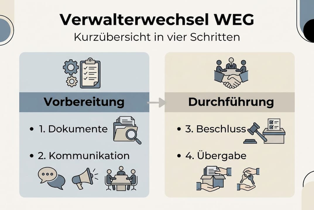 Grafische Übersicht: Die vier wichtigsten Schritte beim Wechsel der Hausverwaltung