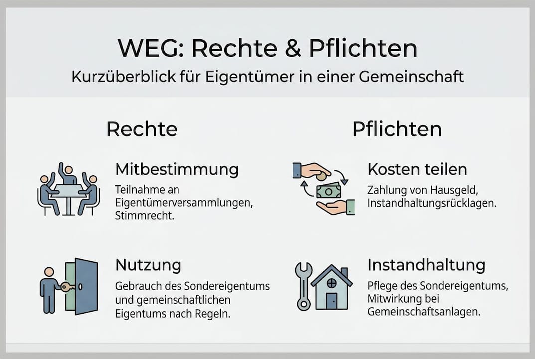 Infografik: Die wichtigsten Rechte und Pflichten in der Wohnungseigentümergemeinschaft auf einen Blick