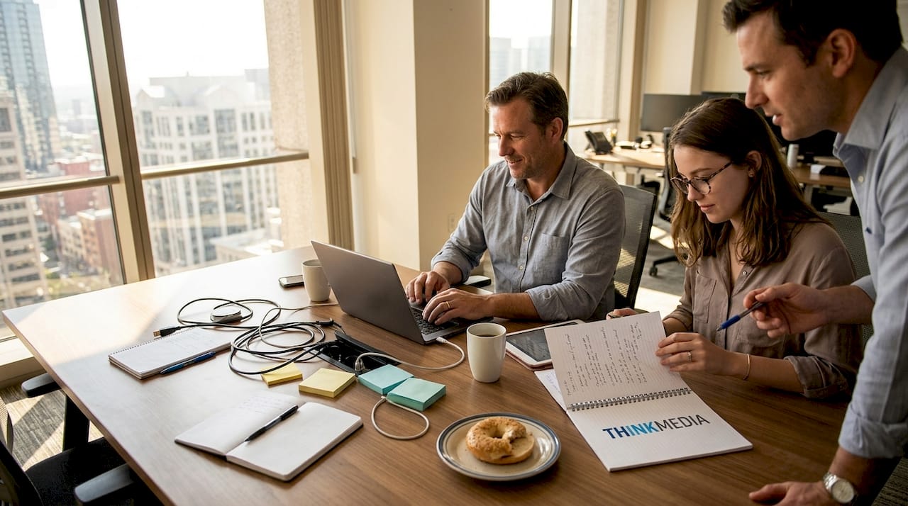 Mitarbeiter probieren gemeinsam die neue Lernplattform im Büro aus.
