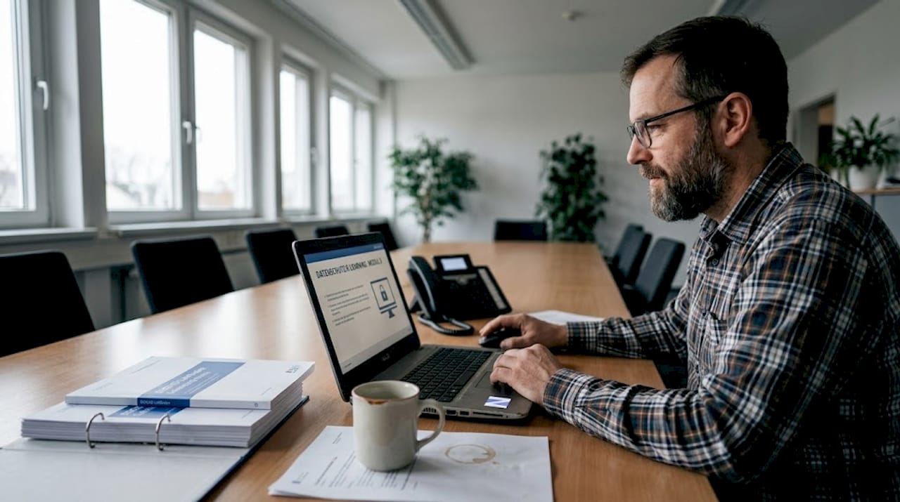 Eine Mitarbeiterin absolviert ein E-Learning-Modul am Konferenztisch.