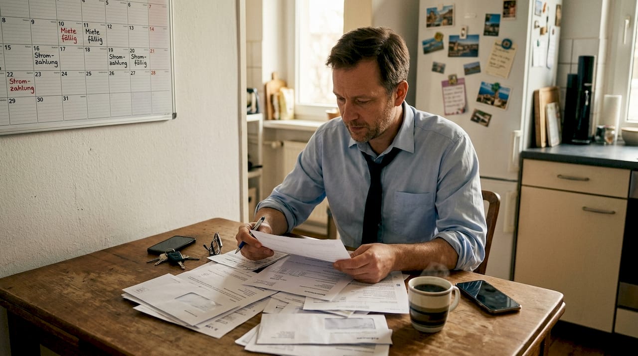 Eine Wohnungseigentümerin sortiert ihre Rechnungen am Küchentisch.