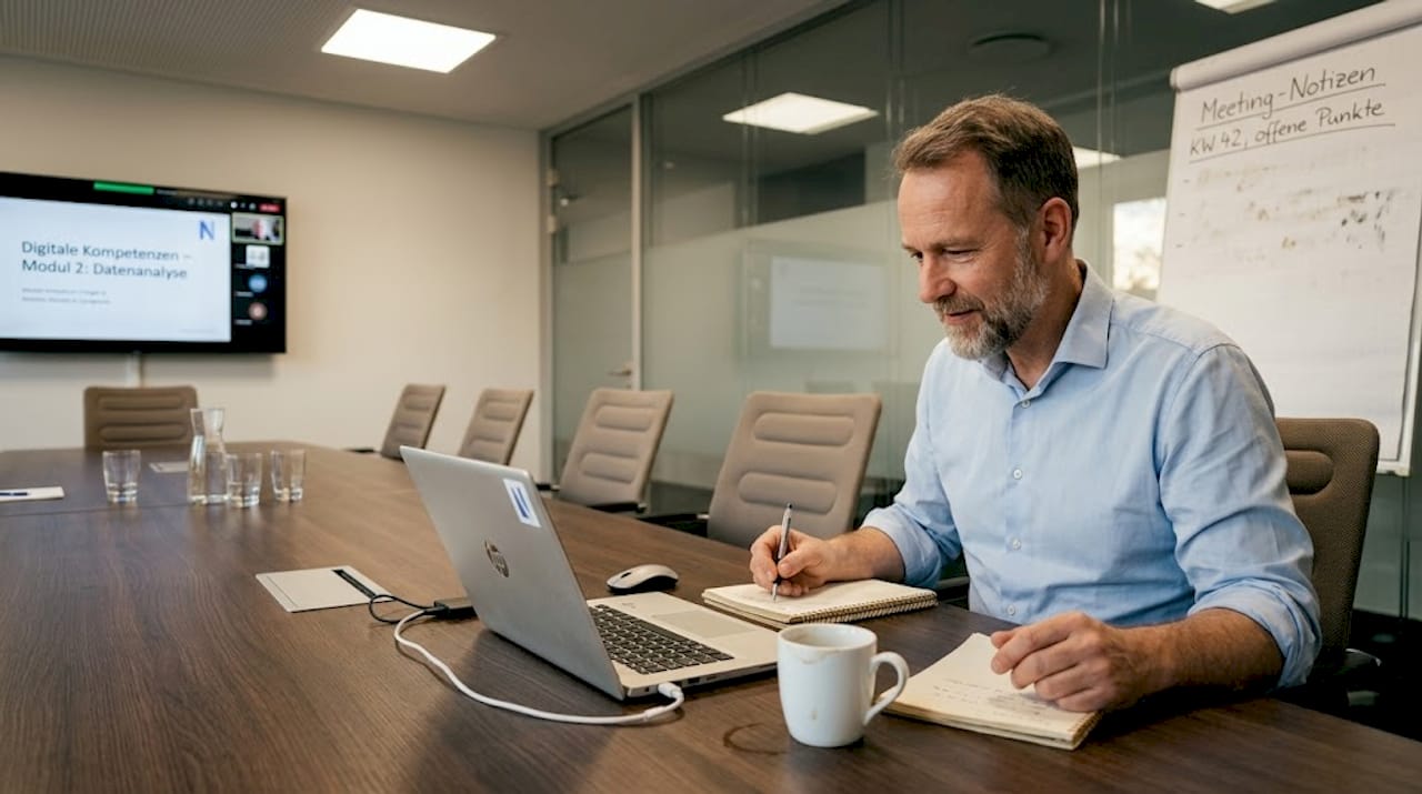 Ein Mann absolviert eine Online-Schulung im Besprechungsraum.