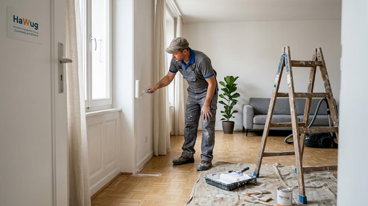 Ein Maler verleiht den Wänden einer Altbauwohnung einen frischen Anstrich.