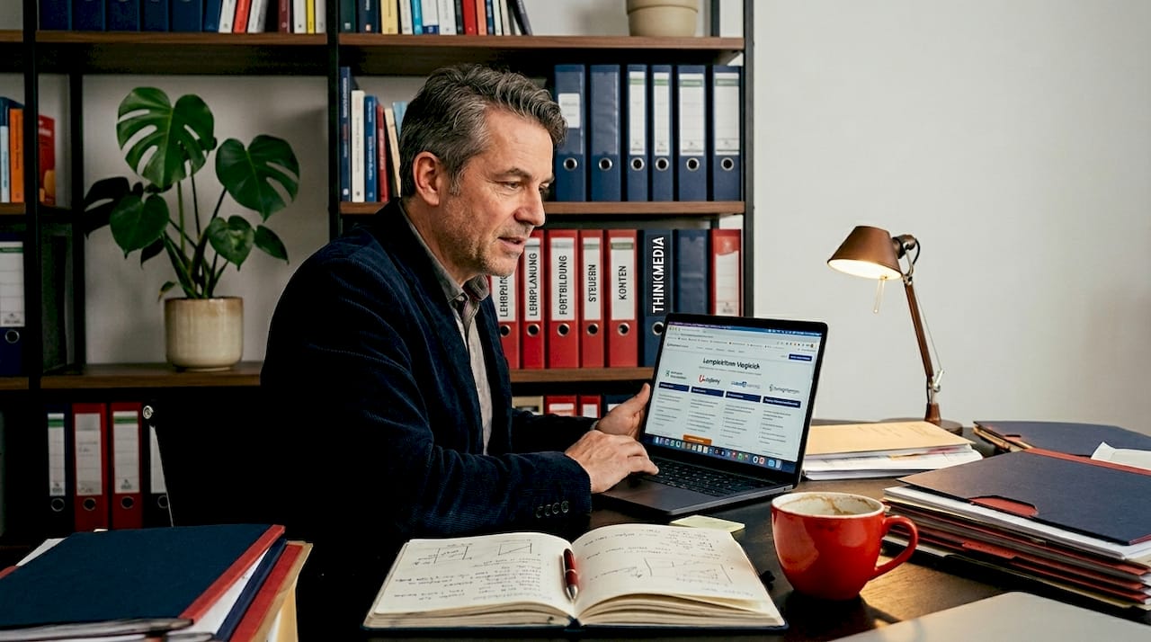 Ein Mitarbeiter verschafft sich am Laptop einen Überblick über verschiedene Lernplattformen.