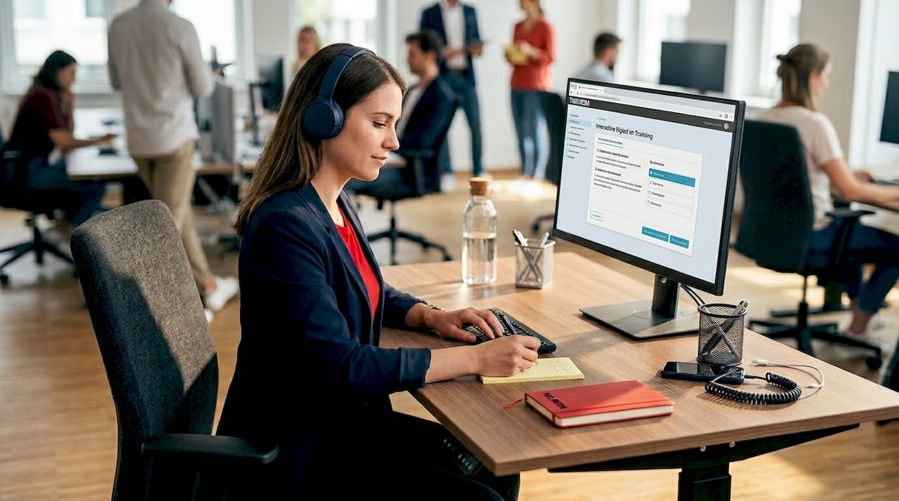 Eine Mitarbeiterin absolviert am Schreibtisch eine digitale Weiterbildung.