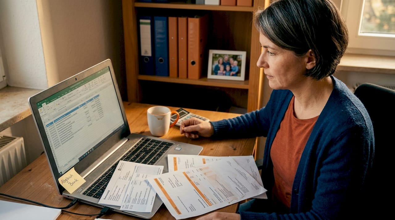Eine Frau prüft ihre Ausgaben im Homeoffice und vergleicht, wie sich die Kosten zu Hause im Vergleich zum Büro verändern.