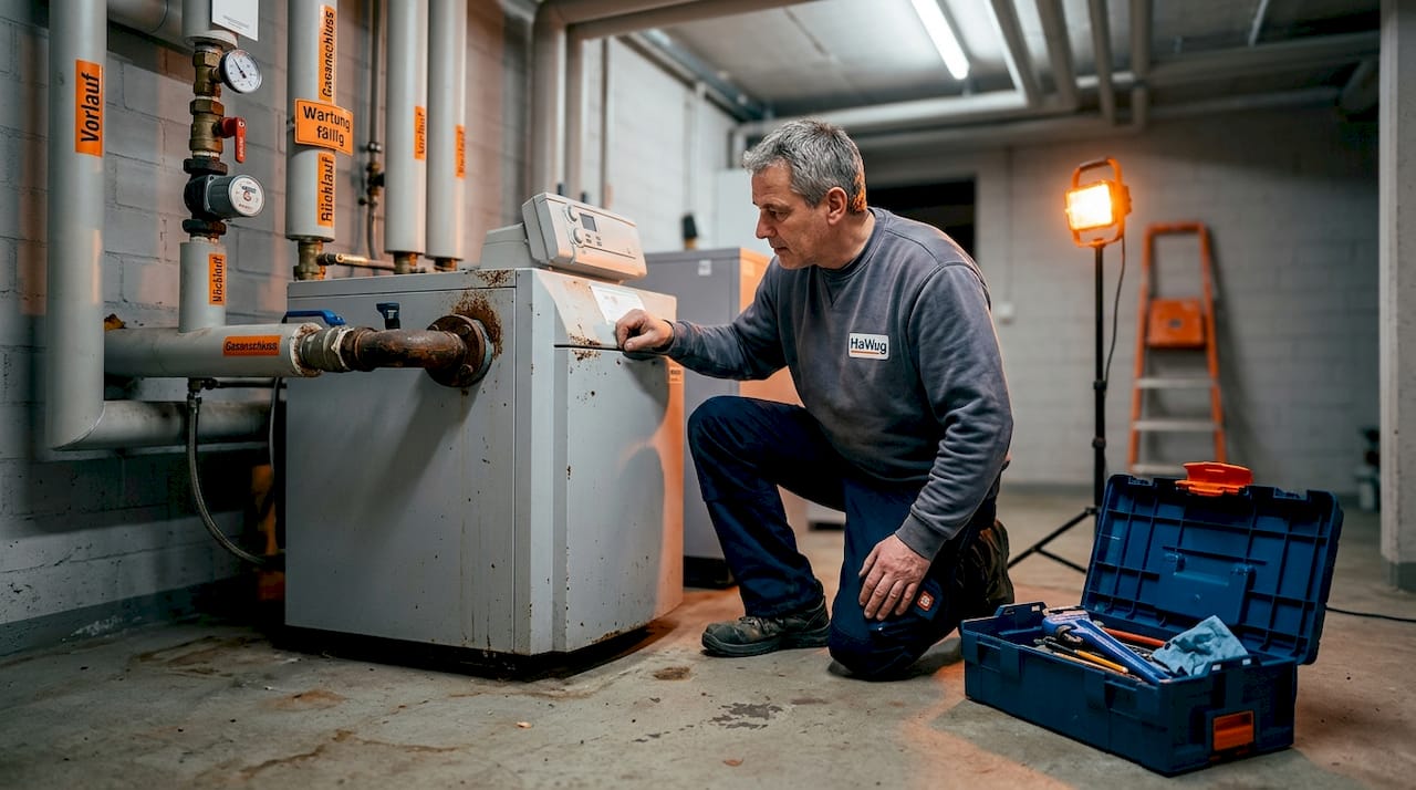 Ein Installateur überprüft die Heizungsanlage in einem Einfamilienhaus am Stadtrand.