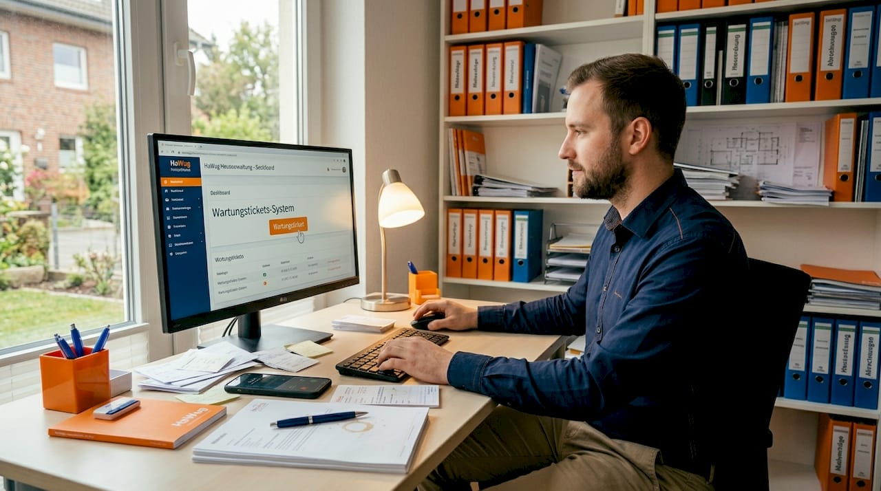 Ein Mann arbeitet am Computer mit einer Software für die Hausverwaltung.