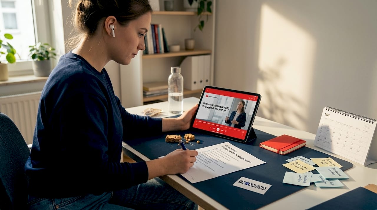 Ein Mitarbeiter bildet sich zu Hause weiter und nutzt dabei sein Tablet sowie handschriftliche Notizen.