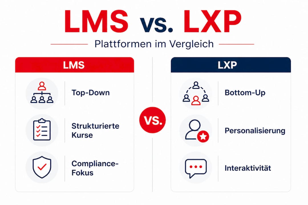 Die Infografik veranschaulicht die Unterschiede zwischen LMS und LXP auf einen Blick.