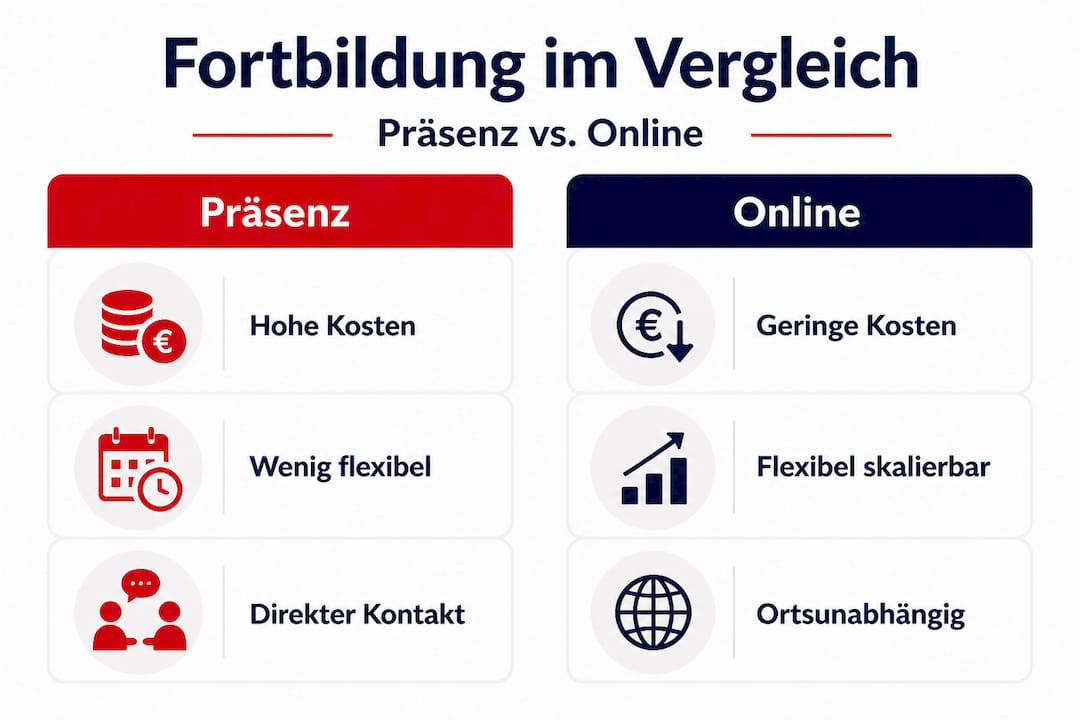 Infografik: Präsenzfortbildung versus Online-Weiterbildung im direkten Vergleich