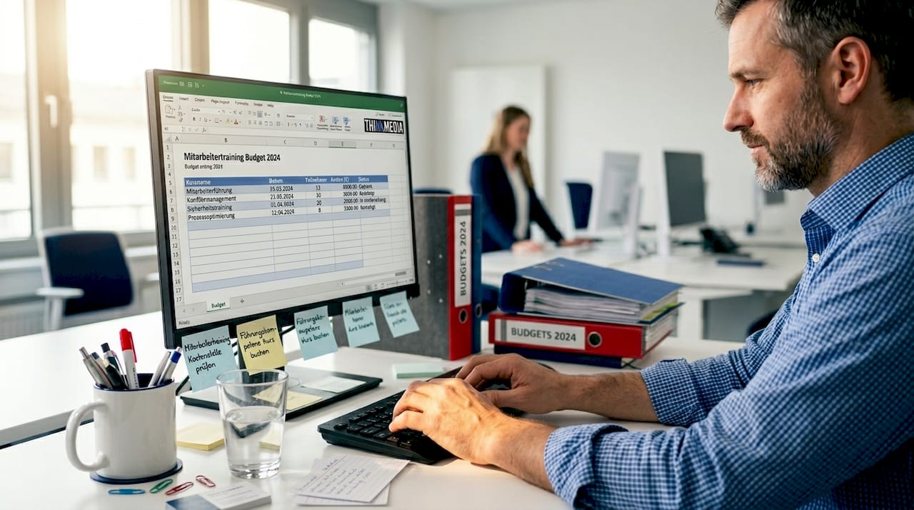 Eine Mitarbeiterin aus der Personalabteilung trägt am Schreibtisch das Weiterbildungsbudget ein.
