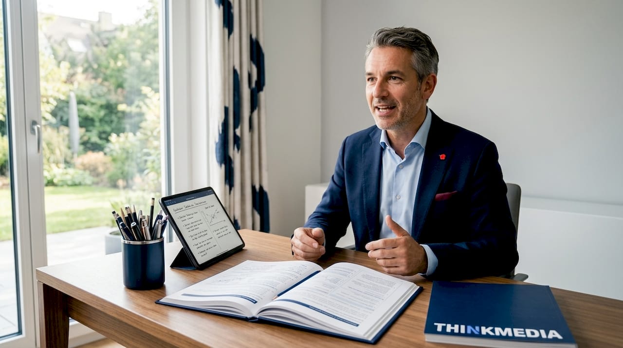 Vom heimischen Schreibtisch aus führt der Trainer ein Online-Seminar durch.