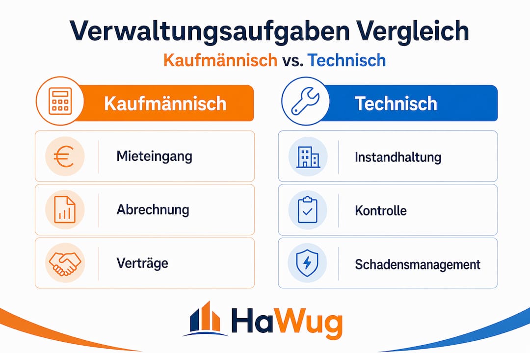 Eine anschauliche Infografik stellt die Unterschiede zwischen kaufmännischen und technischen Tätigkeiten gegenüber.