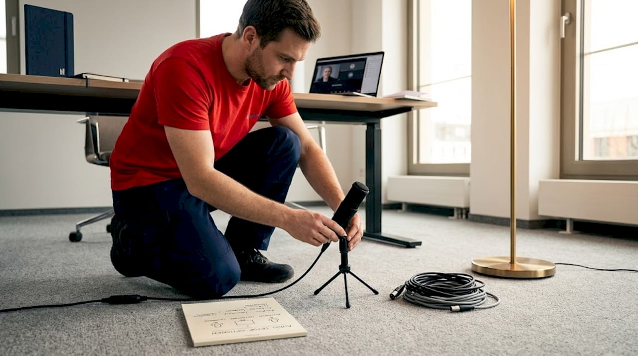 Ein Techniker richtet die digitale Seminartechnik ein.