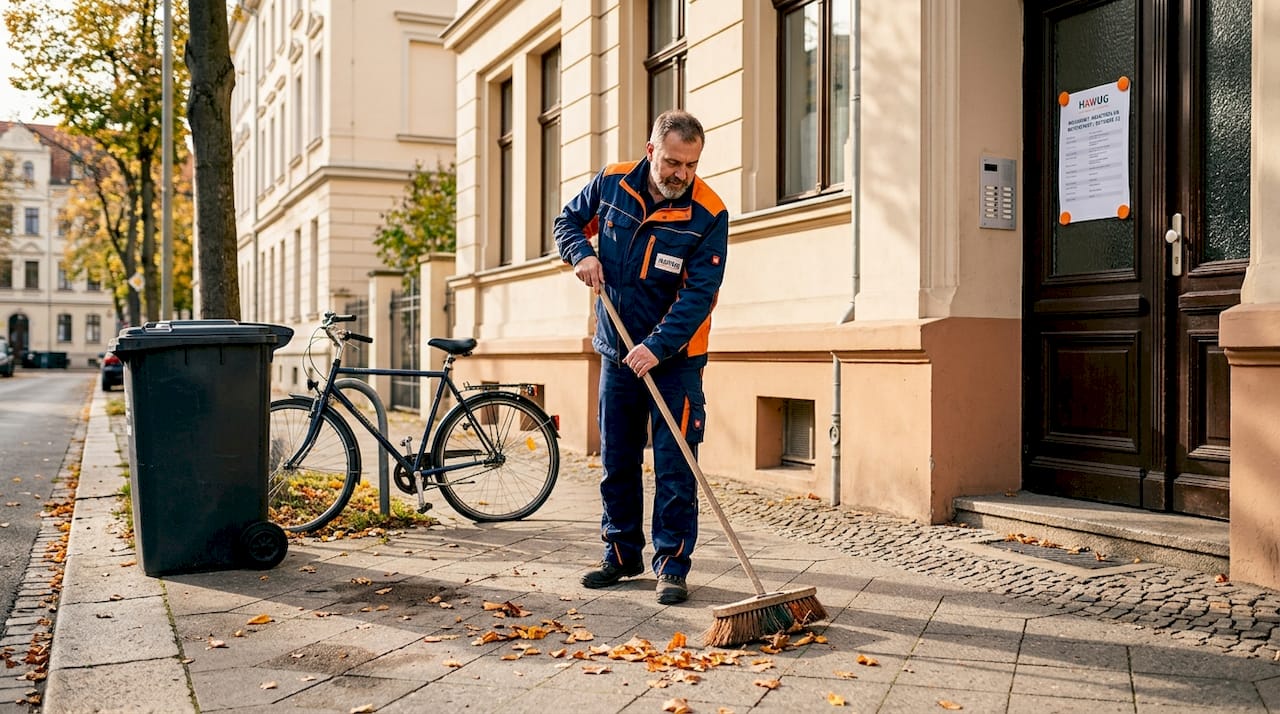 Der Hausmeister fegt den Bürgersteig vor dem alten Wohnhaus in Magdeburg.
