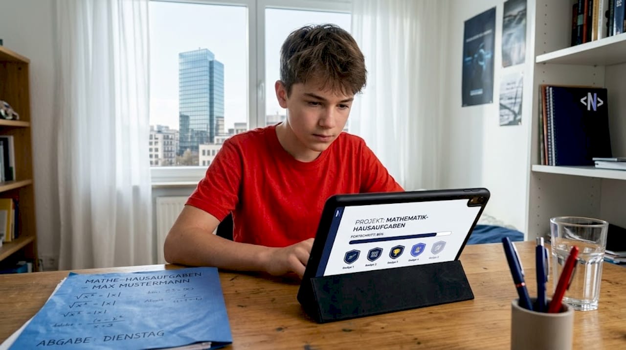 Ein Jugendlicher verfolgt zu Hause konzentriert seine Fortschritte am Tablet.
