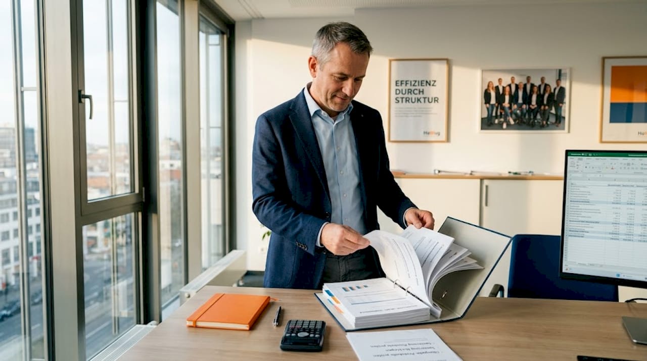 Ein Hausverwalter ordnet im Büro die Unterlagen für die jährliche Nebenkostenabrechnung.