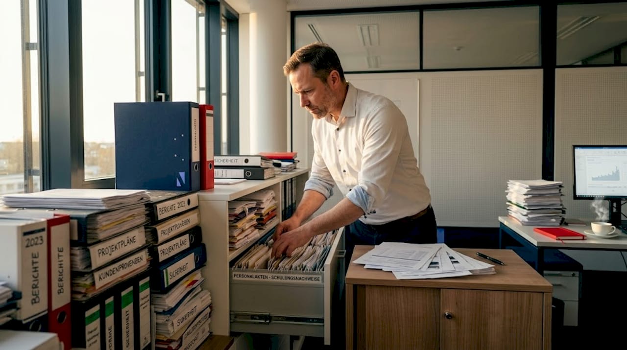 Ein Mitarbeiter durchwühlt das Büro auf der Suche nach wichtigen Unterlagen.