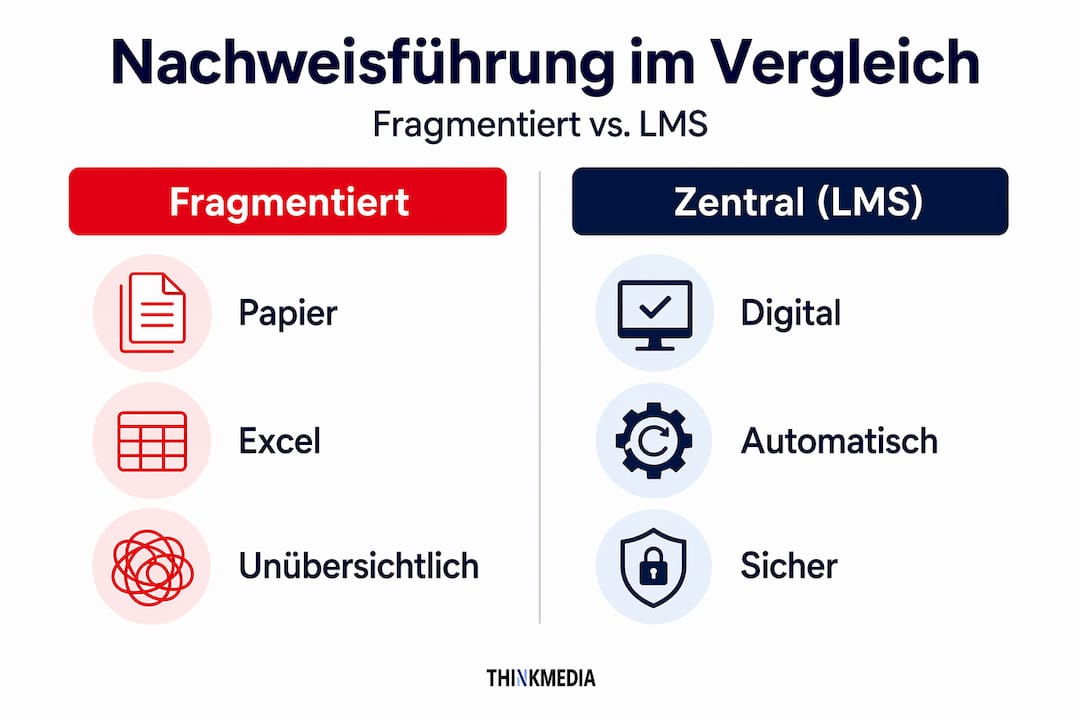 Infografik: Nachweismanagement – Insellösungen vs. zentrale Verwaltung im LMS