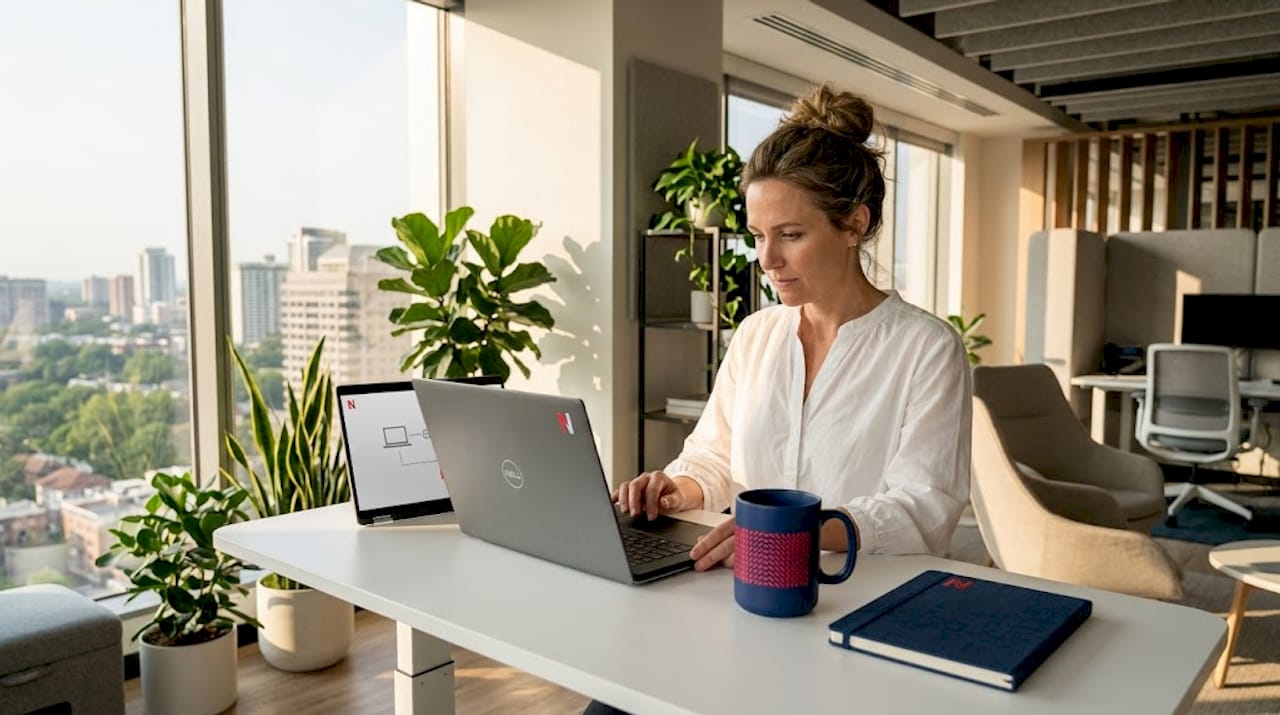 Mitarbeiterin prüft die technische Ausstattung für ein Online-Seminar am Arbeitsplatz.