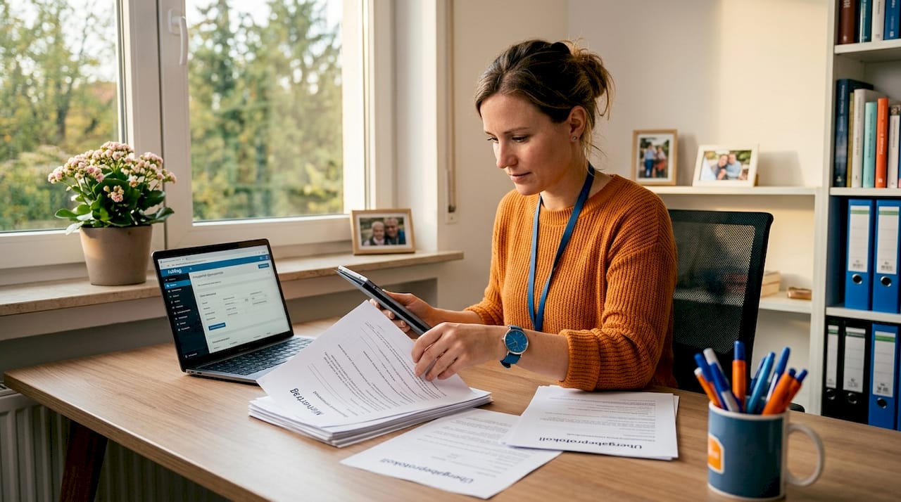 Im heimischen Büro bringt eine Frau Ordnung in ihre Mietunterlagen.