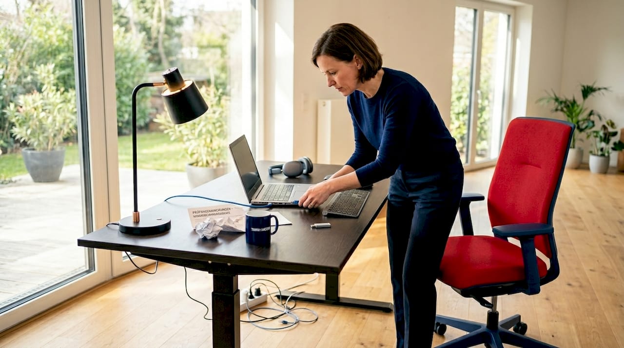 Eine Frau probiert ein ergonomisch gestaltetes Prüfungssetting aus.