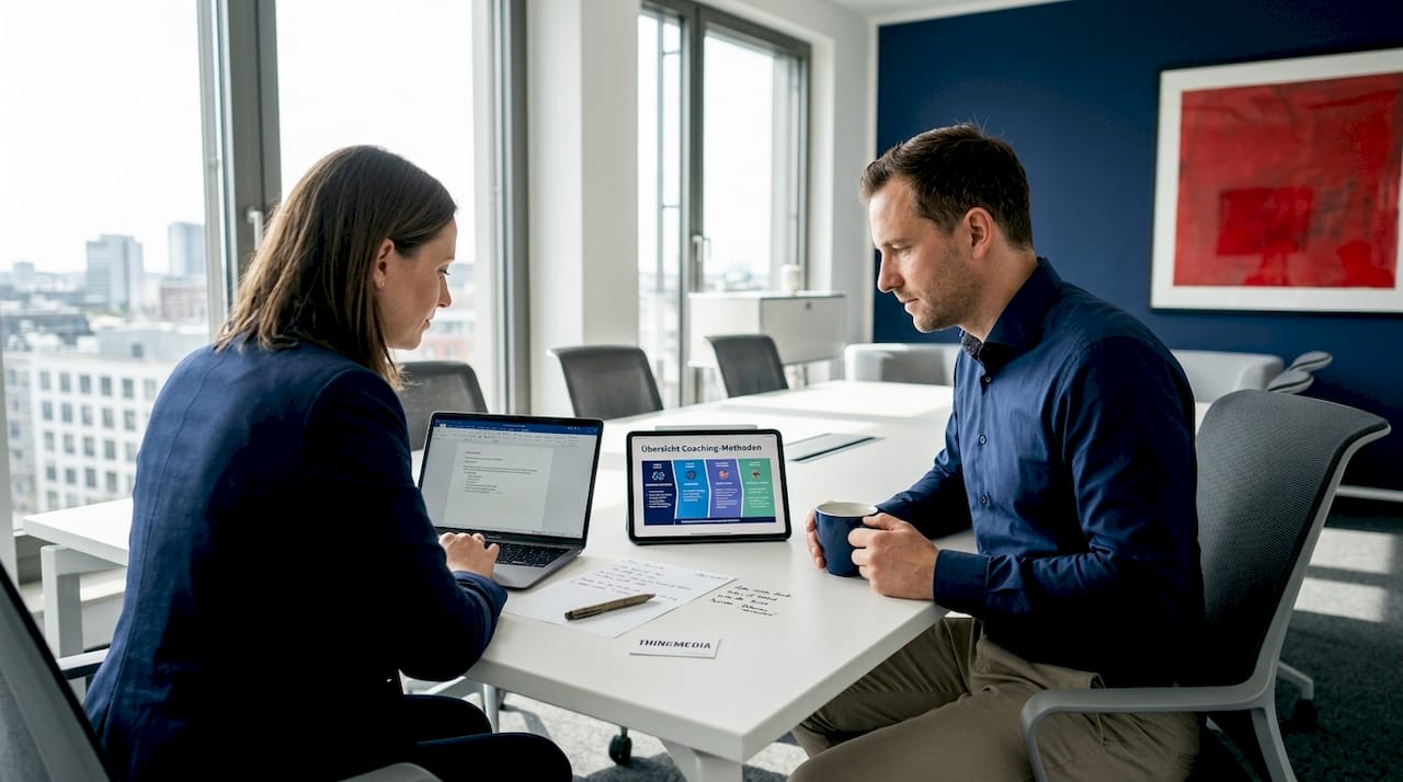 Im Kollegenkreis werden am Tisch verschiedene Coaching-Formate besprochen.
