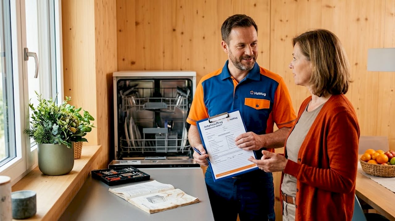 Ein Handwerker und der Hauseigentümer besprechen gemeinsam die anstehenden Reparaturen in der Küche.