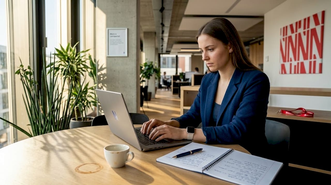 Mitarbeiterin beim Lernen und Weiterentwickeln im Büroalltag