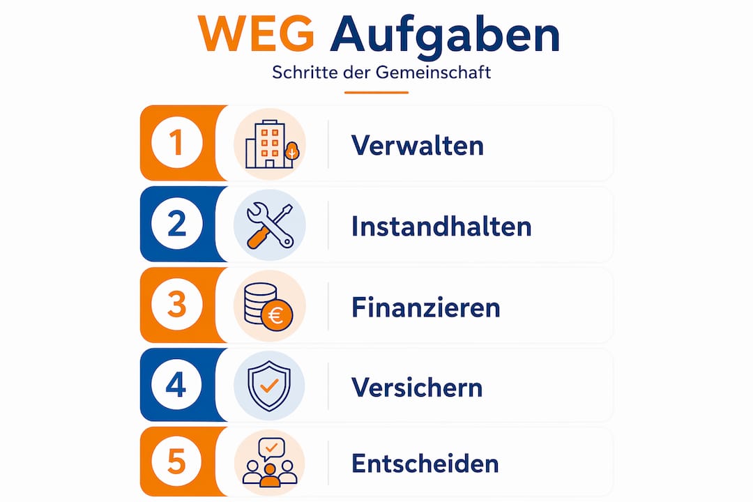 Die Infografik veranschaulicht die einzelnen Schritte und Aufgaben einer WEG-Verwaltung.