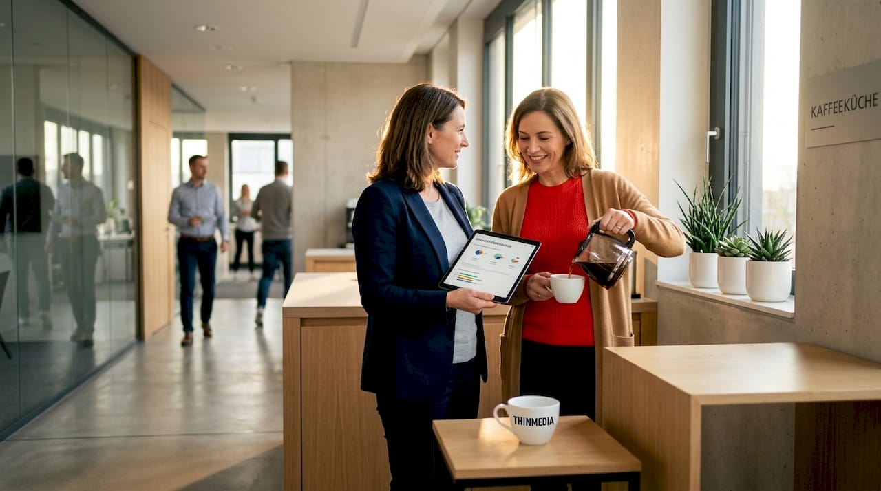 Mitarbeiter tauschen sich am Kaffeeautomaten im Büro aus.