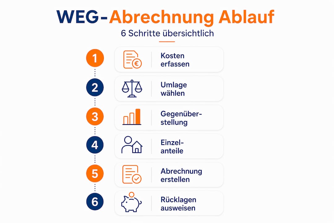 Sechs Schritte zur erfolgreichen WEG-Abrechnung – anschaulich erklärt in einer Infografik