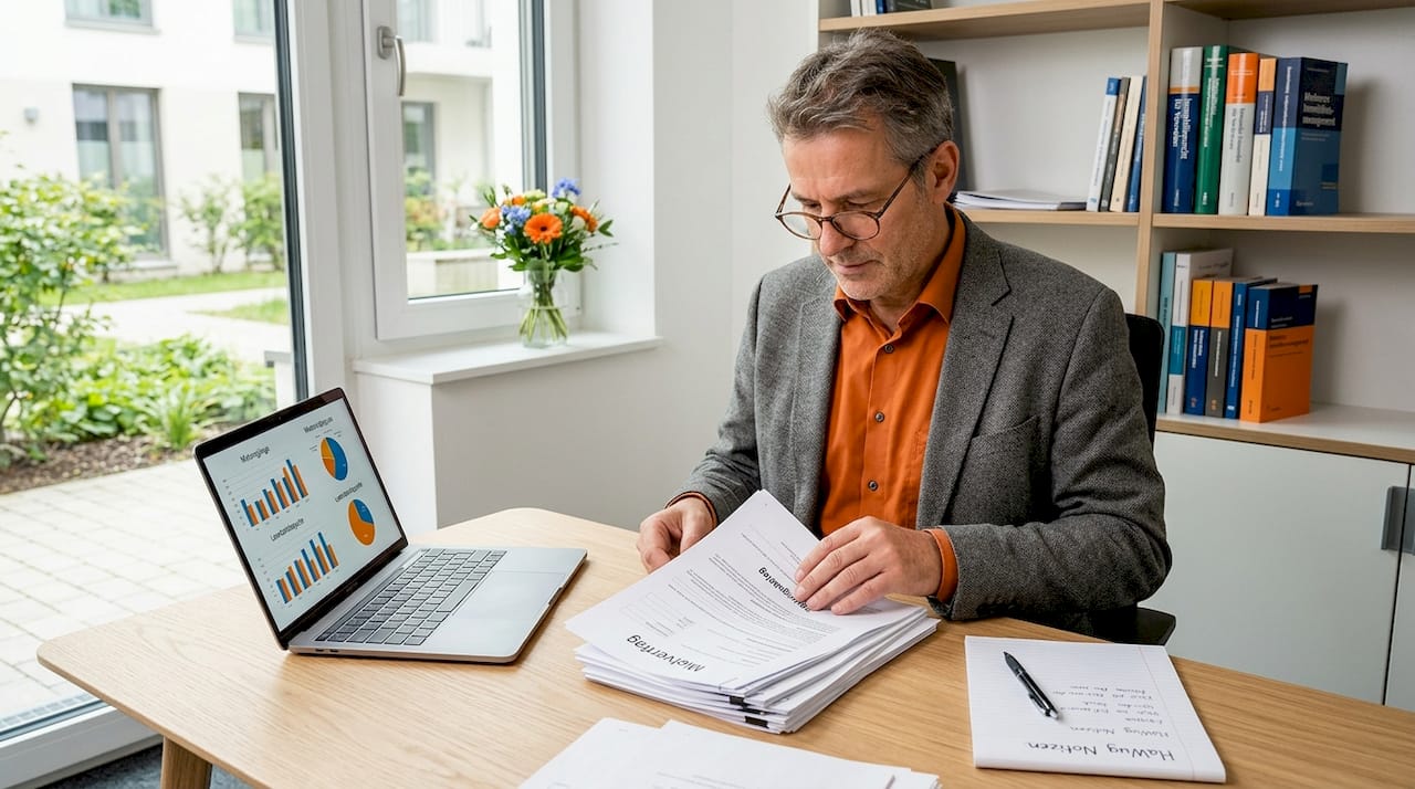 Der Hausverwalter prüft die Mietverträge sorgfältig.