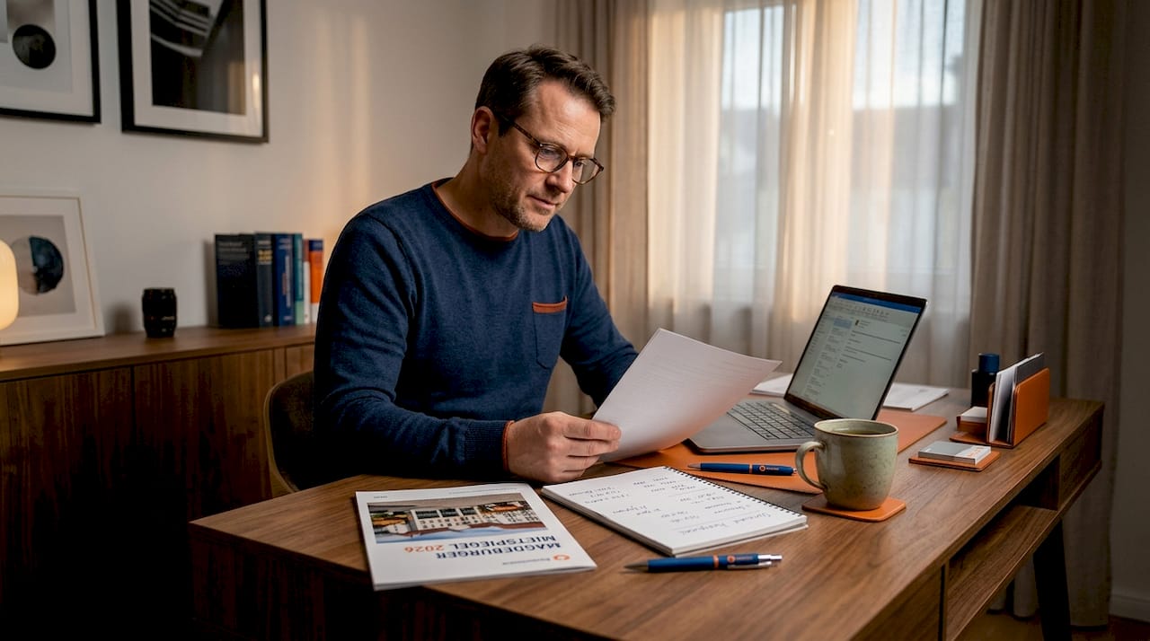 Schreibtisch mit aufgeschlagenem Mietspiegel und Notizen vom Vermieter
