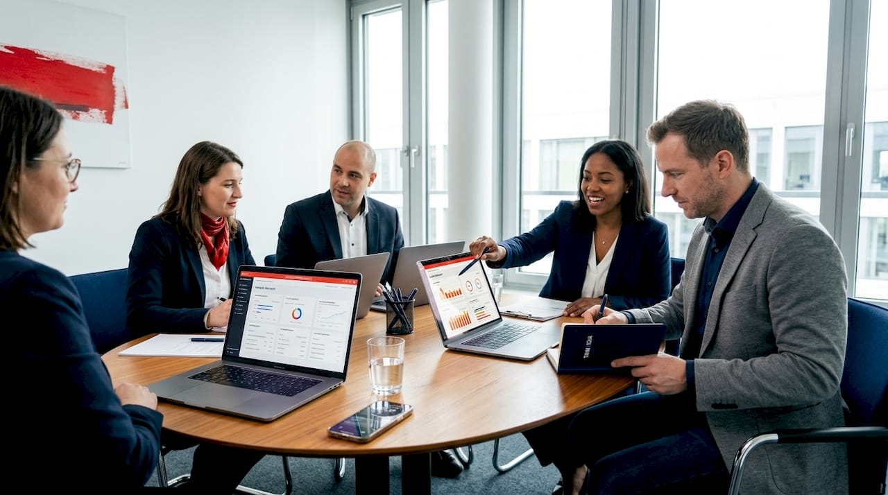 Das Team arbeitet gemeinsam an einer Software-Schulung und tauscht sich aktiv aus.