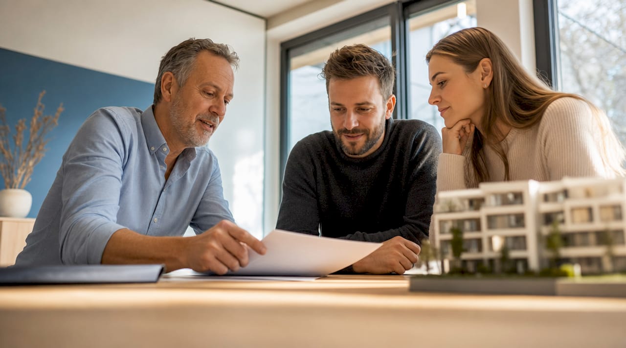 Ein Immobilienmakler nimmt sich Zeit, einem Paar die Unterlagen der Wohnungseigentümergemeinschaft verständlich zu erläutern.