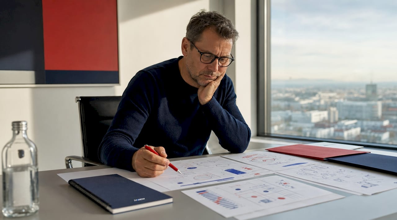 Im Büro beschäftigt sich ein Mitarbeiter intensiv mit der Analyse von DigComp-Diagrammen.