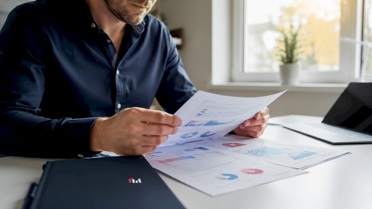 Hände blättern durch Unterlagen zu einer Finanzschulung auf dem Schreibtisch