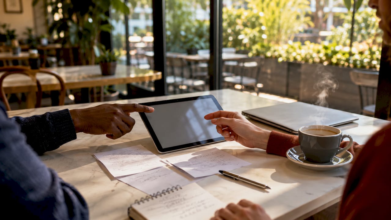 Mehrere Hände zeigen auf Bildschirme mit digitalen Dokumenten.