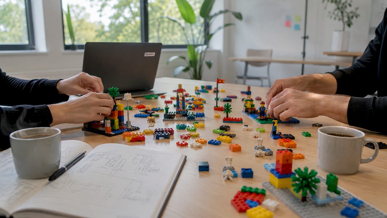 Teilnehmer setzen gemeinsam bunte Legosteine zusammen und tauschen sich dabei im Workshop aus.