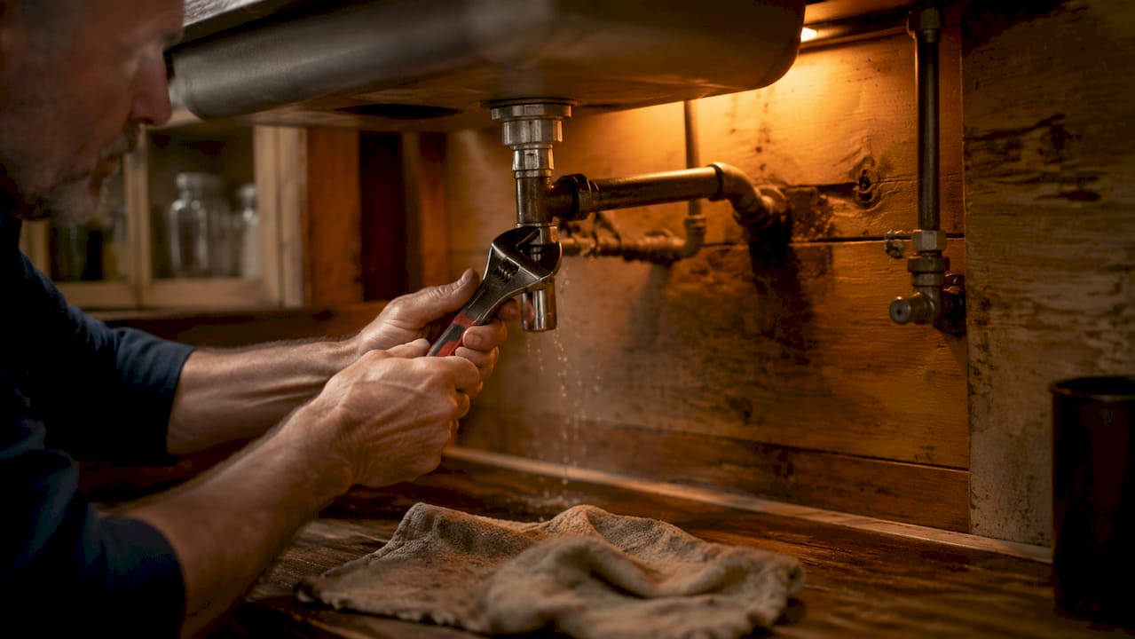 Im Fokus: Hände, die eine undichte Wasserleitung instand setzen.