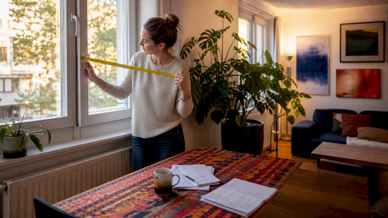 Eine Frau misst den Fensterrahmen in ihrer Wohnung aus.