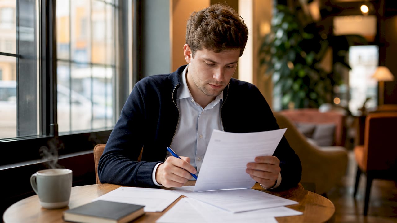 Ein Mann erstellt eine Checkliste für die Verwaltung von Mietobjekten.