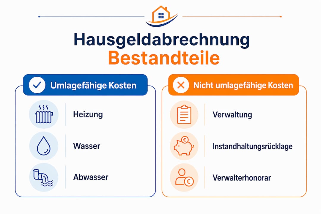 Die Infografik veranschaulicht, welche Posten in einer Hausgeldabrechnung enthalten sind.