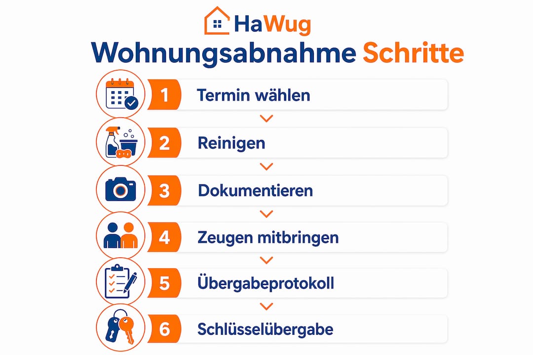 Schritt-für-Schritt-Anleitung: So läuft die Wohnungsabnahme ab – anschaulich erklärt in einer Infografik.