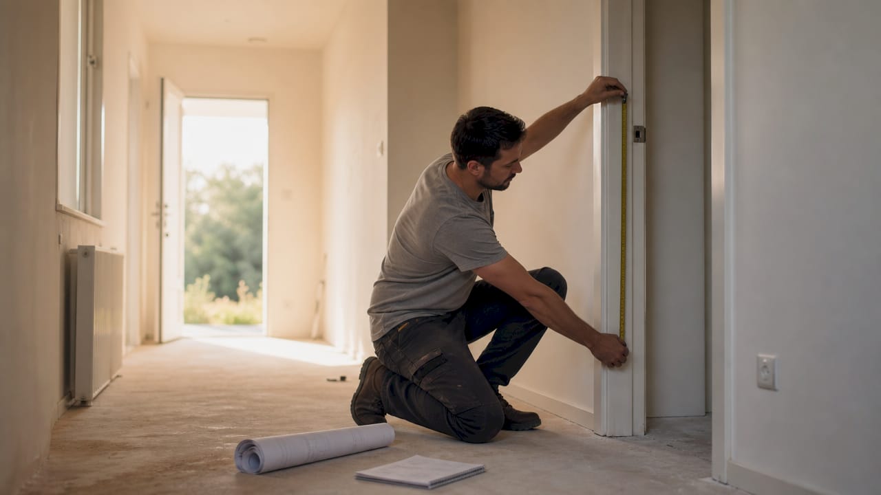 In einem leeren Raum werden mit einem Maßband die Maße für einen Fensterrahmen genommen.