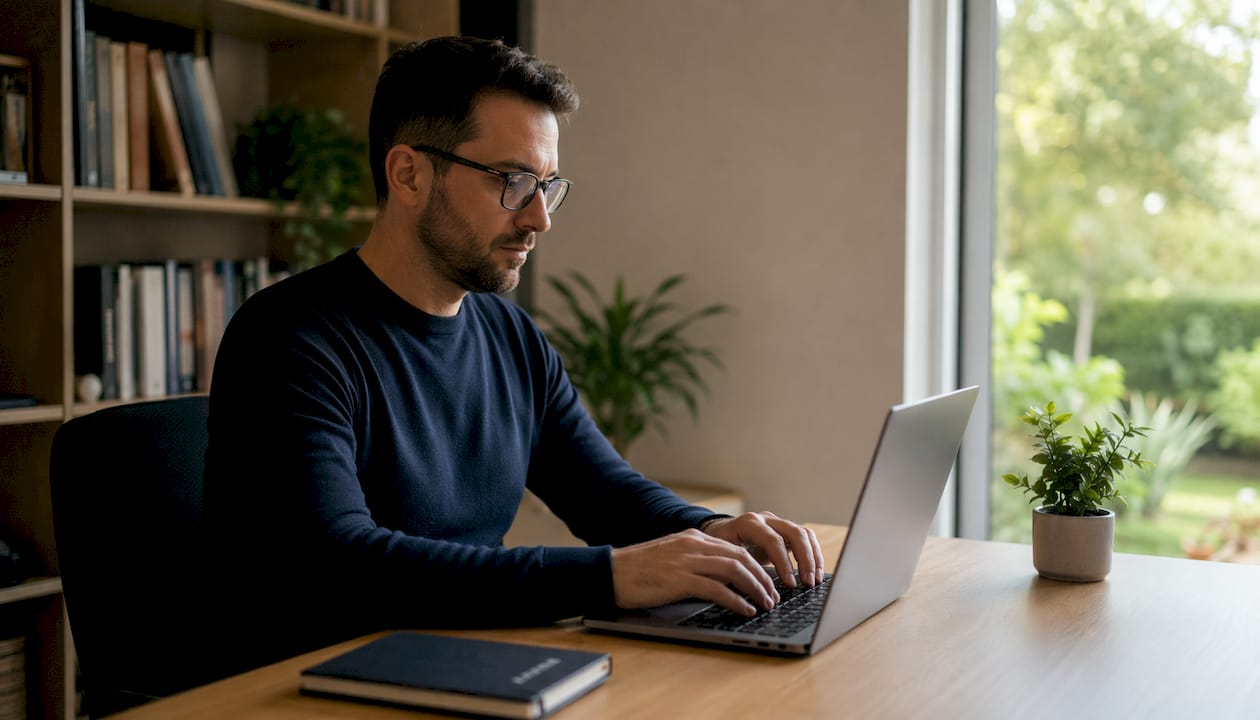 Im Büro nutzt die Person das Lernmanagementsystem und arbeitet dabei an zwei Monitoren.